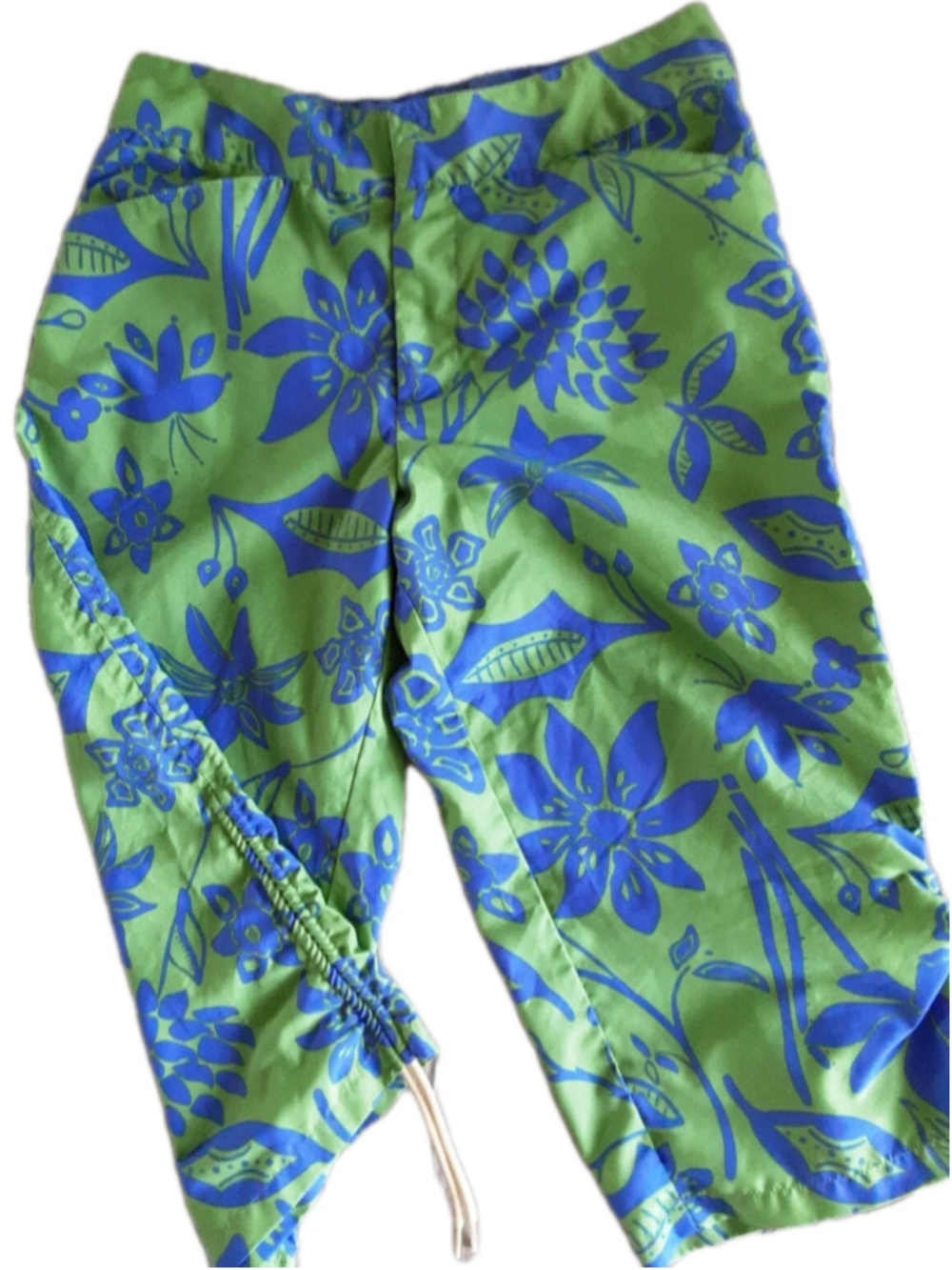 ROYAL ROBBINS▪︎CAPRI PANTS▪︎SZ 10▪︎PURPLE/GREEN FLORAL▪︎POLY▪︎RUCHED SIDES▪︎EUC!